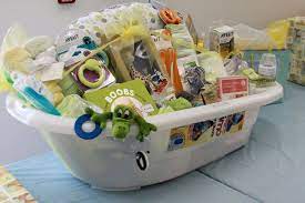 Large Gift Basket Made Out Of A Bath Tub With Avent Items Sophie The Giraffe And More Baby Boy Gifts Baby Gift Basket Baby Shower Woodland