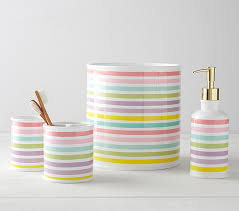 While you might want tranquility and relaxation, most kids are going to prefer a fun motif and a vibrant color scheme. Rainbow Kids Bathroom Set Pottery Barn Kids