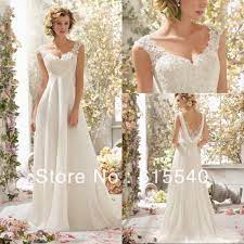 Empire Waist A Line V Neck White Chiffon Lace Top Beach Wedding Dresses Low Back Reception Prom Formal Long Bridal Dresses Beach Wedding Dress Lace Bridal Gown