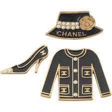 Set Of Chanel Enameled Metal Jacket Shoe Hat Pins W Cc Logo Camilia Pearls Chanel Fashion Chanel Jewelry Chanel Brooch