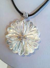 Luminous Carved Mother Of Pearl And Sterling Silver Pave Pendant Necklace Flower Pendant White Stone Necklace Mother Of Pearl Jewelry Pearl Jewellery Earrings Fancy Jewelry
