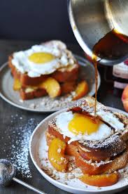 French Toast With Maple Bourbon Peaches Oat Crumble And Fried Duck Egg Saltnpepperhere