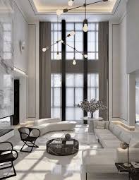 Sleek Modern Neutral Living Room With Two Story Marble Fireplace And High Ceilings In 2020 High Ceiling Living Room Luxury Living Room Luxury Living Room Design