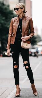 Fall Outfits Brown Leather Jacket Black Destroyed Skinny Jeans Fall Leather Jacket Leather Jacket Street Style Brown Leather Jacket Outfit