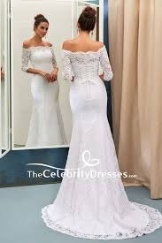 Weisse Spitze Schulterfrei Meerjungfrau Kleid Fur Die Hochzeit Mit Armeln Thecelebritydresses