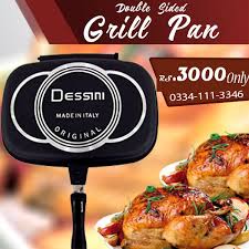 This latest new design double sided grill pan is a must have cookware for your kitchen, the double sided pan with the silicon sealing on the edge and magnetic locking mechanism will create a pressure effect while cooking, locking in the heat and pressure to cook the food more quickly and evenly. Double Sided Grill Pan Dessini Non Stick Grill 36cm Original Pan To Place Order Call 0334 1113346 To Place Order Sms Or Whatsapp No Grilling Grill Pan Pan