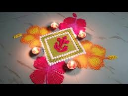 Ganesh Chaturthi Special Lord Ganesha With Hibiscus Flowers Rangoli Rangoli By Sangee Easy Rangoli Designs Diwali Rangoli Designs Diwali Easy Rangoli Designs
