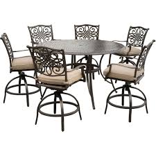 Hanover Traditions 7 Piece Aluminum Outdoor High Dining Set With Swivel Chairs With Natural Oat Cushions Traddn7pcbr The Home Depot Patio Dining Set Outdoor Dining Set Patio Furniture Sets