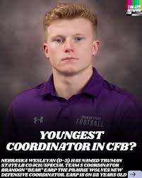 Nebraska Wesleyan has named Truman State's LB Coach/Special Teams  Coordinator Brandon “Bear” Earp as the Prairie Wolves new Defensive  Coordinator this week. The 22 year old DC is believed to be the