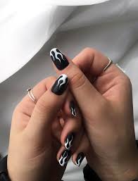 Black And White Flames Nails Flame Nails Black White Dark Gel Nails Black Gel Nails Black Nails