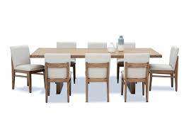 Metal racks under the tabletop and the bench can conveniently hold books, board games, seat cushions, blankets, table mats, coasters, and much more Beige Sorvino 9 Piece Dining Suite Amart Furniture