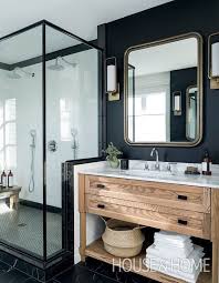 In The Newly Created Principal Bathroom Black Walls Coordinating Marble Look Floor Tiles And A Dramatic Sho Modern Bathroom Bathroom Interior Bathroom Design