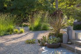 Native Grasses Paired With Pea Gravel Create A Laid Back Natural Looking Garden Gravel Landscaping Landscape Design Modern Landscape Design