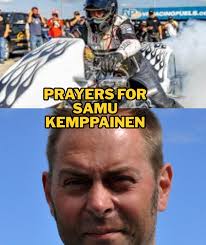 Please join us in sending thoughts and prayers to Samu Keppainen who  crashed his Top Fuel Harley yesterday at the AMRA Jim McClure Finals from  @therockdragway . Get well Samu! 🙏