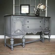 Vintage Painted Refinished Ornate Buffet Cabinet Sideboard Furniture In Greige Gray With Dark Stained Top Mod Sideboard Furniture Painted Furniture Furniture