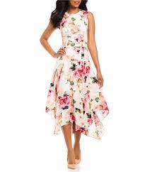 Floral print sheath dress and calvin klein. Calvin Klein Pieced Floral Print Mix Belted Drop Wiast Fitandflare Handkerchief Hem Midi Dress Dillards Dresses Rehearsal Dinner Outfits Party Dress Codes
