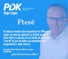 Të nderuar antarë dhe simpatizantë të PDK-së, të nderuar qytetarë! Me  respektin maksimal ndaj jush, që na përkrahët në qdo fitore, dhe na  motivuat pas çdo humbje, ju ftojë të jeni me