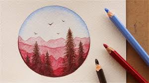 تعليم الرسم بالوان الخشب المائية كيف ترسم منظر طبيعي سهل بـ 3 الوان فقط youtube