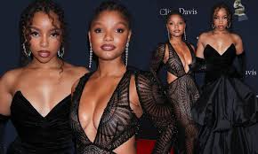 Chloe and Halle Bailey put on matching busty displays in plunging black  gowns at pre
