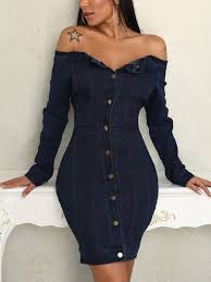 65 00 Button Up Off Shoulder Denim Bodycon Dress Button Shoulder Denim Bodycon Dress Form Bodycon Dress Denim Bodycon Dress Fashion Dresses Online
