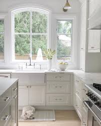 To avoid an overly gloomy look, balance the color with plenty of white on upper cabinetry, walls, or the backsplash. Gray Stripe Rug In Front Of Farmhouse Sink Transitional Kitchen