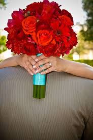 Red Roses Red Gerbera Daisies And Teal Ribbon Red Wedding Flowers Bouquet Red Wedding Flowers Flower Bouquet Wedding