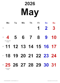 Calendar May 2026 UK with PDF, Excel and Word templates