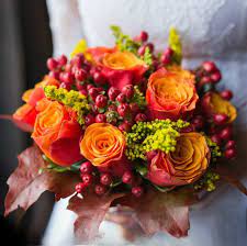 Wedding packages mix and match. Fall Wedding Bouquet With Roses Hypericum Berries Solidago And Leaves I Husi Bloma Flower Delivery Shop Iceland
