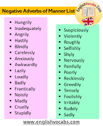 Adverbs of manner tell us the way or how something is being done. Negative Adverbs Of Manner List In English English Vocabs