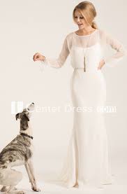 Scoop Floor Length Long Sleeve Chiffon Wedding Dress With Watteau Train And V Back