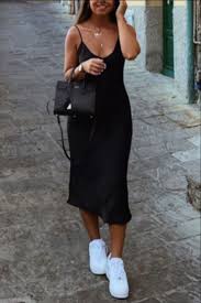 Satin Silk Black Dress Outfit With White Sneakers In 2020 Fashion Casual Dress Outfits Slip Dress Outfit