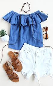 Birthday Party Outfit Ideas For Teenage Girls Blue Boat Neck Ruffle Denim Blouse Outfits For Teens Casual Party Outfit Trendy Party Outfits