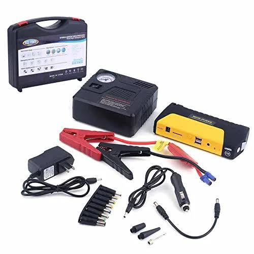 Portable car booster pack featuring an integrated tyre inflator and emergency battery charger., AI generated