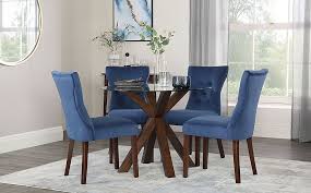 Hatton Round Dark Wood And Glass Dining Table With 4 Bewley Blue Velvet Chairs Furniture And Choice