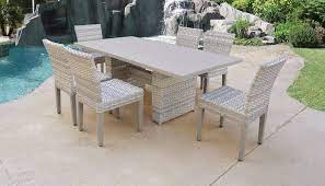 Noble house midvale 7 piece outdoor acacia wood dining set in teak. Fairmont Rectangular Outdoor Patio Dining Table W 6 Armless Chairs In Vanilla Creme Tk Classics Fairmont Dtrec Kit 6