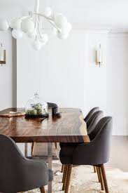 Modern Wood Slab Dining Room Table Paired With Charcoal Fabric Dining Chairs So Sleek And Clea Slab Dining Room Table Mid Century Dining Room Wood Dining Room