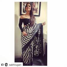 Black And White Striped Saree Blouse Ashagautam Handloom Ikkat Black White Stripes Sari Saree Offshoulder Designer Saree Blouse Patterns Saree Blouse Designs Latest Saree Blouse Designs
