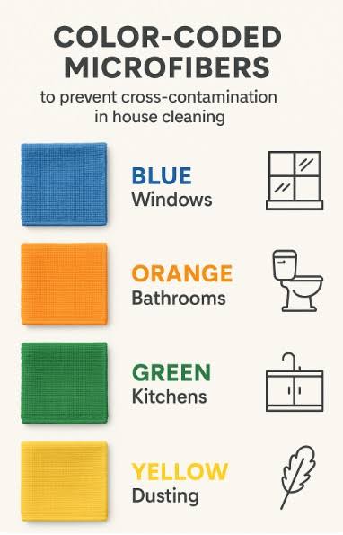Color-coding microfibers ensures bathroom germs never cross into food prep zones, AI generated