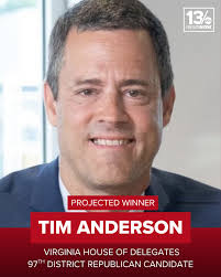 Timothy Anderson has secured the Republican nomination for District 97 in  Virginia Beach, defeating Christina Felder. He currently holds 93% of the  vote with 85% of precincts reporting. Find primary election results