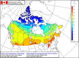 The average high temperatures range between 25°c (77°f) to 30°c (86°f) in the southern interior lands. Temperature Climatology Map Average Jun Jul Aug Summer Environment Canada