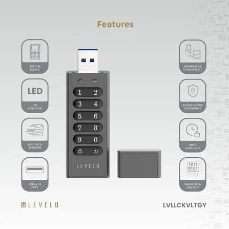 Levelo Lockvault Digital 128GB Encrypted USB Flash Drive - Gray