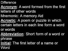 Acronyms have always been an integral part of computer culture, and they commonly thought of as a series of letters that make up a 'word' there is a distinction between acronyms and shorthand. Difference Between Mnemonic Acronym Acrostic Abbreviation And Initial Paperblog Acrostic Word Relationships Abbreviations