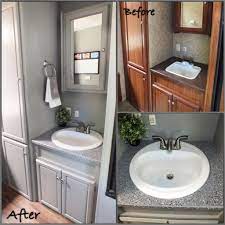 Is your dream bathroom way over budget? 5th Wheel Bathroom Camping Countertop Paint Epoxy Fabric Fifth Wheel Flooring Floors Garage Glamping Gr Remodeled Campers Camper Makeover Rv Remodel