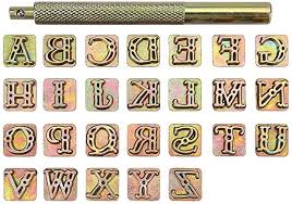 Cardboard box with 33 wooden stamps with capital letters and punctuation marks. Amazon Com Yoption 27 Pieces Leather Stamping Tool Set 26 Letters Alphabet Stamps Steel Punch Tool 9mm 1 Stamping Handle For Leather Craft 9mm