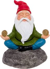 The playful partier stands next to a sign that reads, keep on the grass. Greenlighting Solar Powered Zen Bitcoin Garden Gnome Novelty Light Up Garden Statue