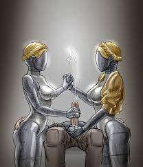 1boy 2girls android android girl ass ass grab atomic heart  caressing testicles cockbonding collaborative handjob cum double handjob  ffm threesome handjob holding hands human joachim left (atomic heart) male