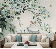Oriental Ink Painting Wallpaper Wall Mural Flowers Birds Theme Wall Art For Bedroom Living Room Spring Floral Tree Wall Decor Wall Decor Wall Wallpaper Painting Wallpaper Tree Wall Decor