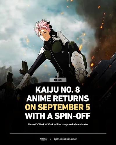 Kaiju No. 8 Returns in September! 🔥 Narumi's Week at Work, a spin-off  short series focused on Gen Narumi, premieres September 5 with 4 episodes  releasing weekly every Saturday, wrapping up on