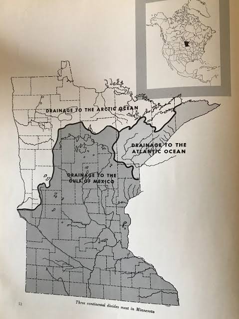 Map showing the triple continental divide within the US state of Minnesota.  Published in "Minnesota Heritage" in 1960:  https://www.ebay.com/itm/Minnesota-Heritage-T-S-Denison-1960-Rare-LE-665-1000-HC-History-Organizations/372968685123  : r/MapPorn