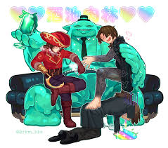 fairy gentleman (project moon), gregor (project moon), limbus company,  project moon, highres, 3boys, absinthe, all fours, black jacket, black  pants, cigarette, crossed legs, drunk, hat, holding, holding cigarette,  hook hand, jacket, krkm